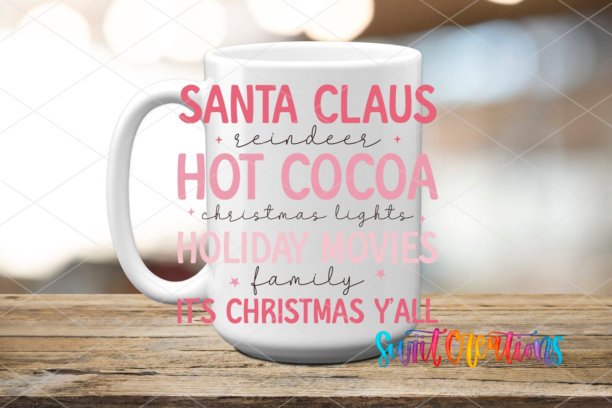 Pink Christmas Traditions UV DTF transfer on a white ceramic coffee mug