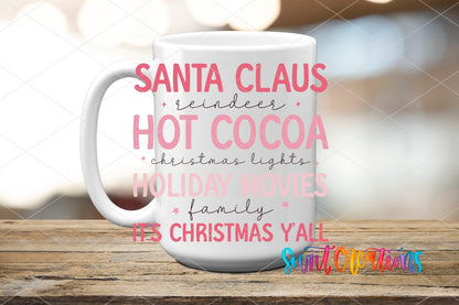 Pink Christmas Traditions UV DTF transfer on a white ceramic coffee mug