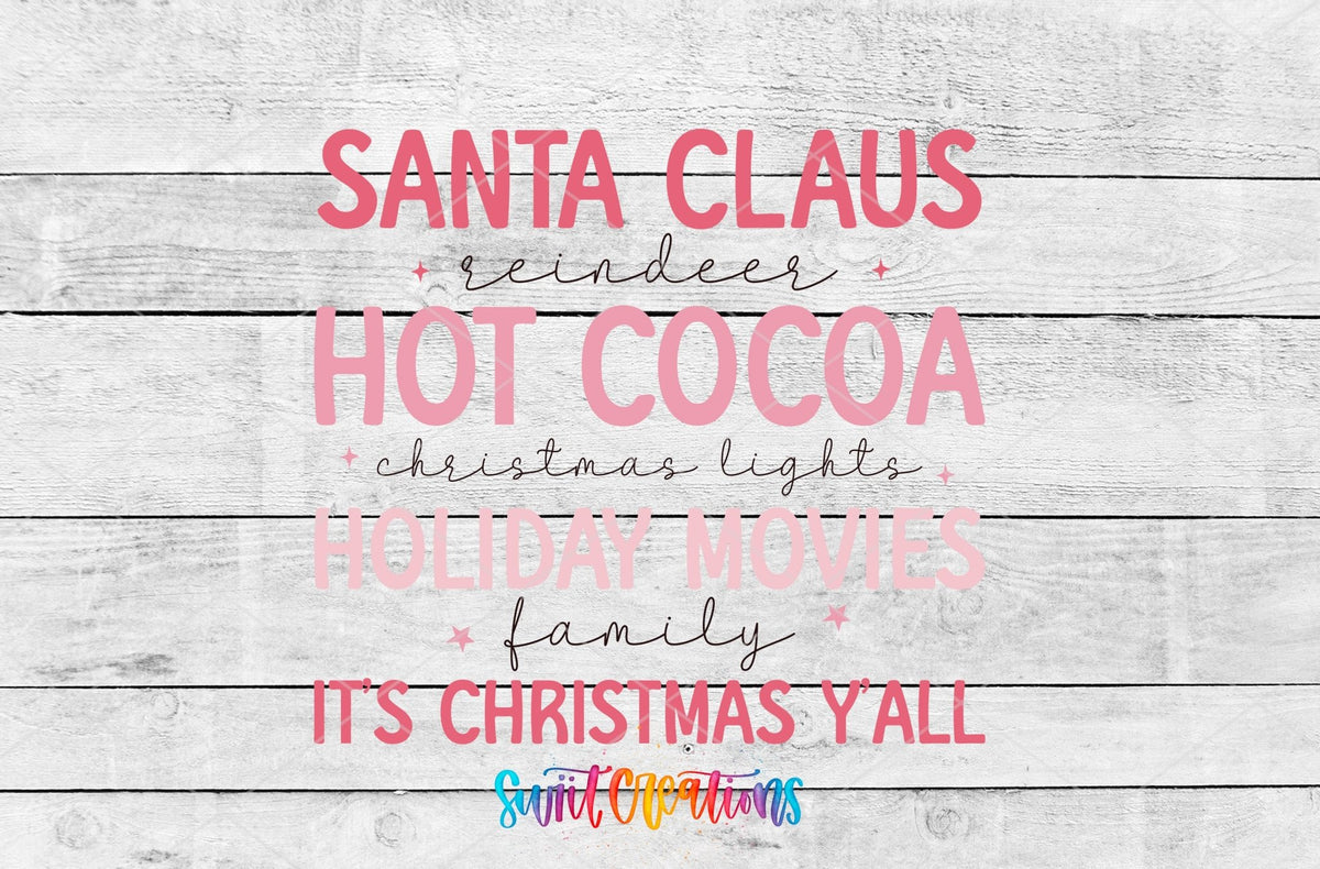 Pink Christmas Traditions UV DTF transfer artwork on a white wood background