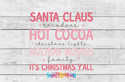 Pink Christmas Traditions UV DTF transfer artwork on a white wood background