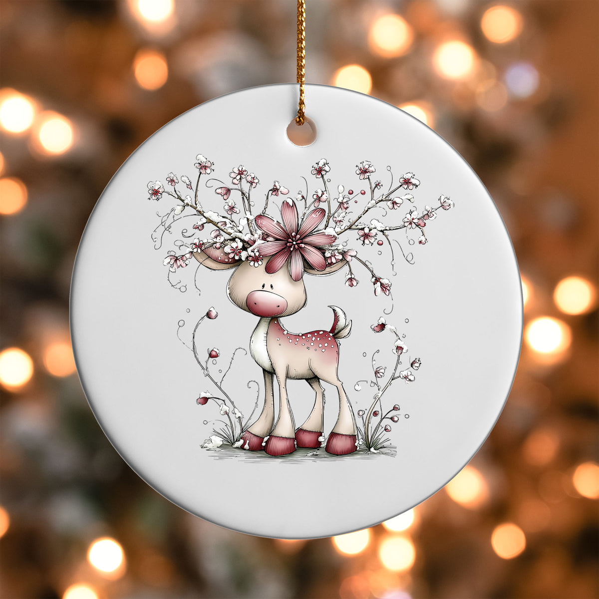 Pink Deer with Floral Antlers ornament UV DTF transfer on a round white ornament with a bokeh light background
