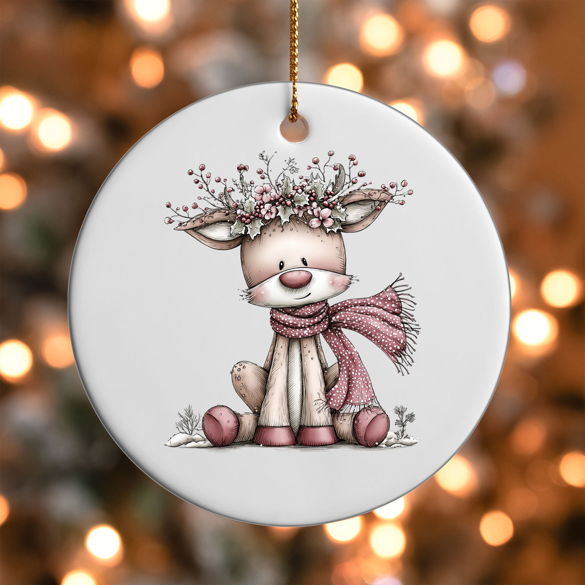 Pink Deer with Floral Crown ornament UV DTF transfer on a round white ornament with a bokeh light background