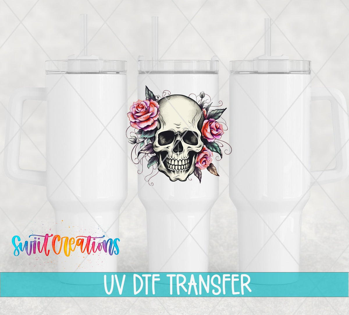 Pink Floral Skull UV DTF transfer on white 40 oz tumblers