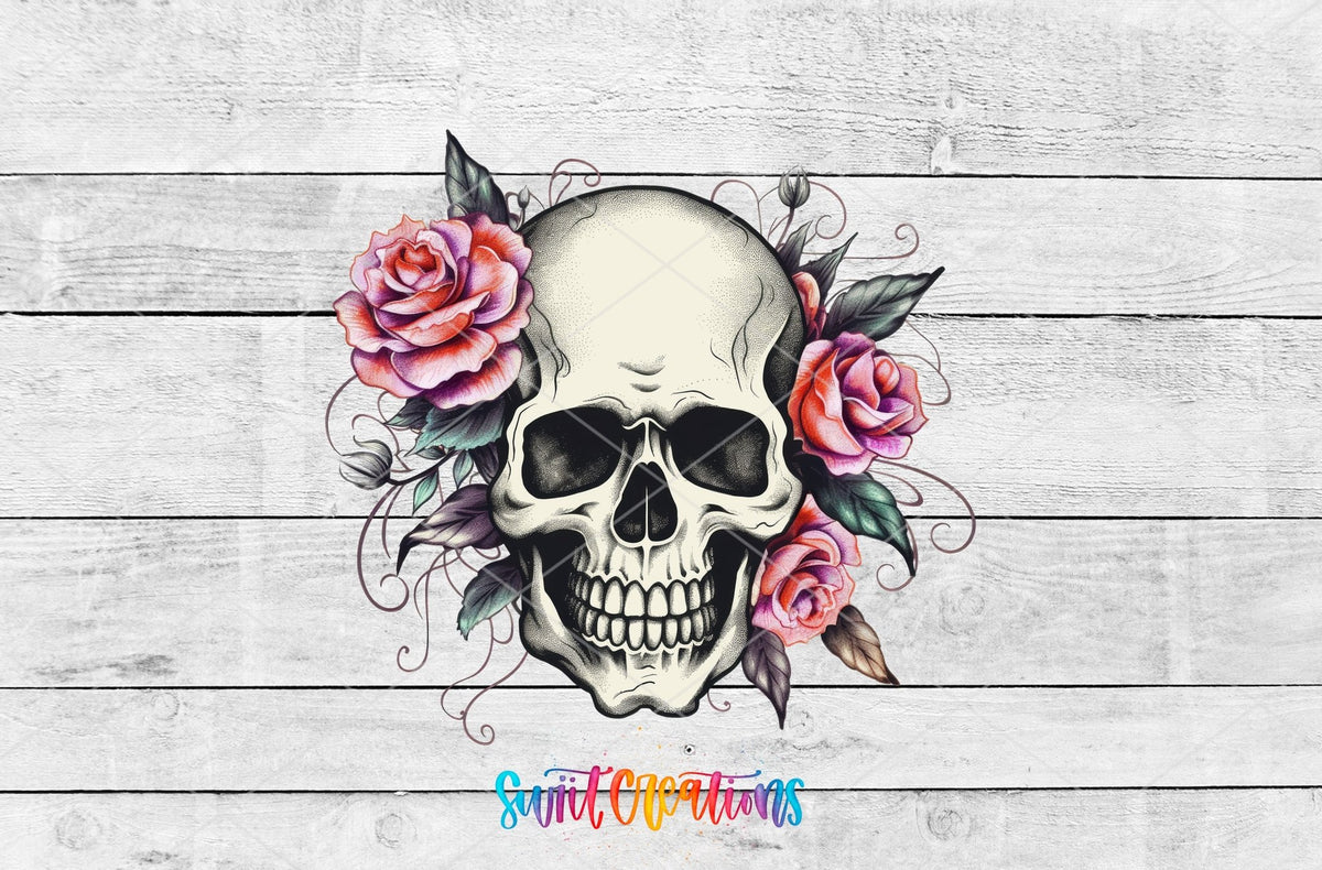 Pink Floral Skull UV DTF transfer artwork on a white wood background