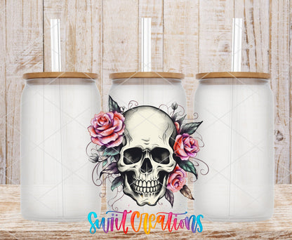 Pink Floral Skull UV DTF transfer on frosted glass cans with bamboo lids