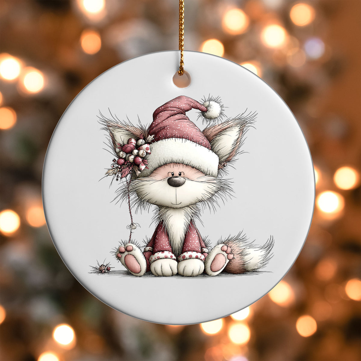 Pink Fox in Santa Hat ornament UV DTF transfer on a round white ornament with a bokeh light background