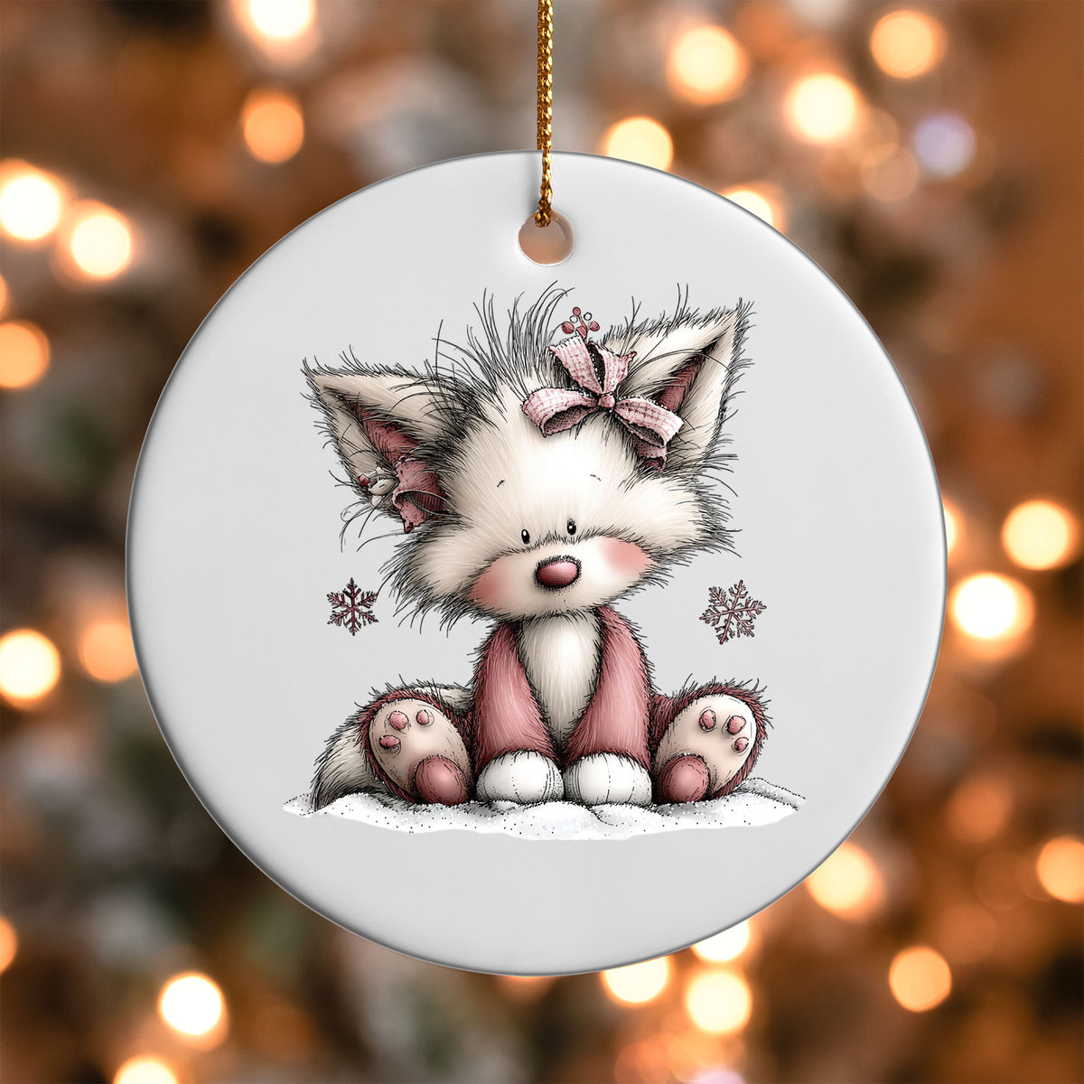 Pink Fox with Bow ornament UV DTF transfer on a round white ornament with a bokeh light background