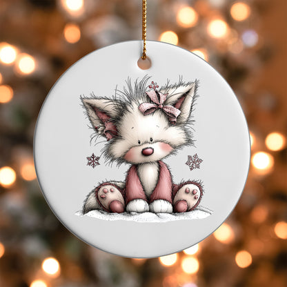 Pink Fox with Bow ornament UV DTF transfer on a round white ornament with a bokeh light background