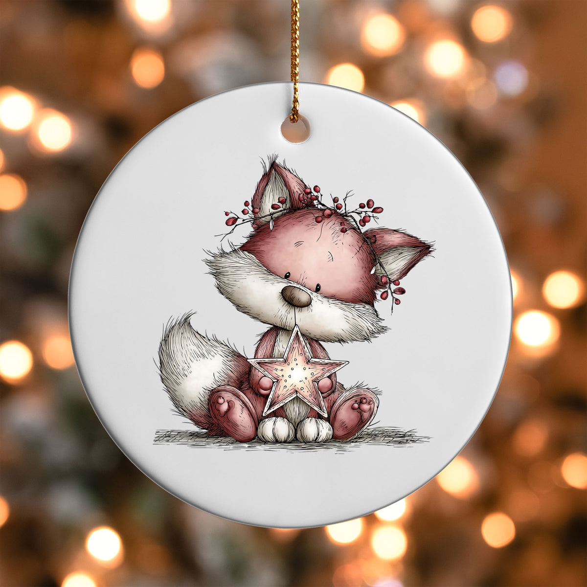 Pink Fox with Star ornament UV DTF transfer on a round white ornament with a bokeh light background