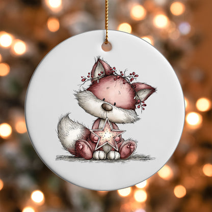 Pink Fox with Star ornament UV DTF transfer on a round white ornament with a bokeh light background