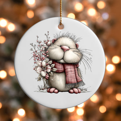 Pink Hamster ornament UV DTF transfer on a round white ornament with a bokeh light background
