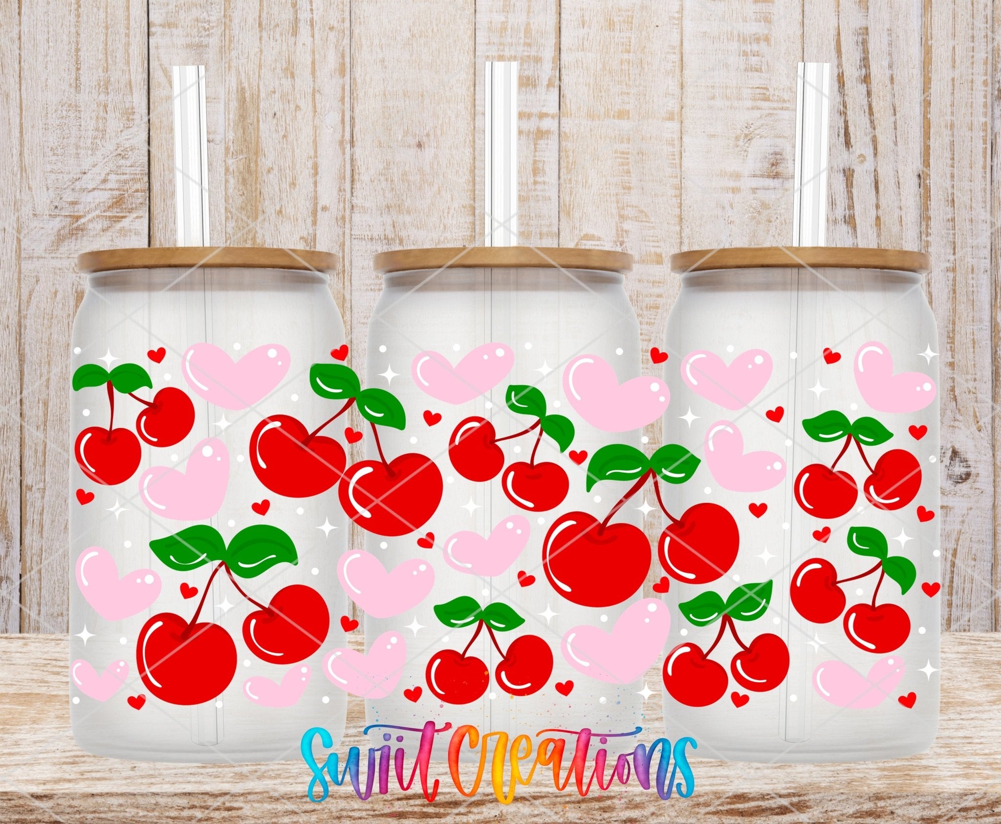 Pink Hearts and Cherries Valentine UV DTF Transfer Tumbler Wrap | DTF327 - Swiit Creations