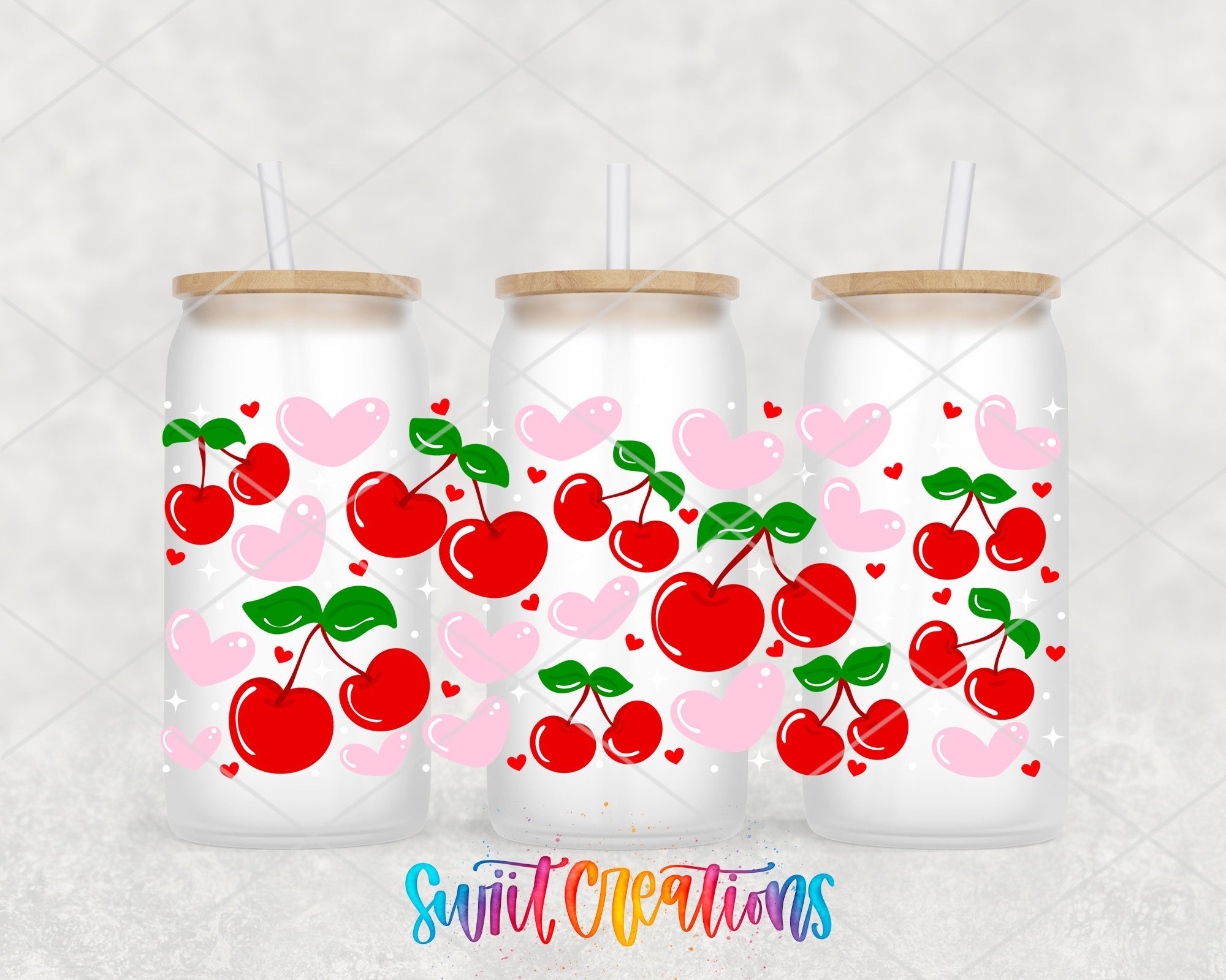 Pink Hearts and Cherries Valentine UV DTF Transfer Tumbler Wrap | DTF327 - Swiit Creations