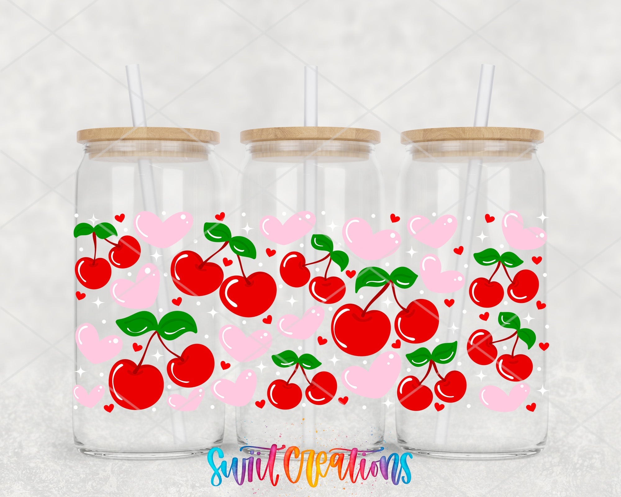 Pink Hearts and Cherries Valentine UV DTF Transfer Tumbler Wrap | DTF327 - Swiit Creations