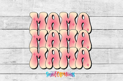 Mama pink retro stack UV DTF transfer artwork on a white wood background