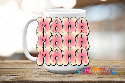Mama pink retro stack UV DTF transfer on a white ceramic coffee mug