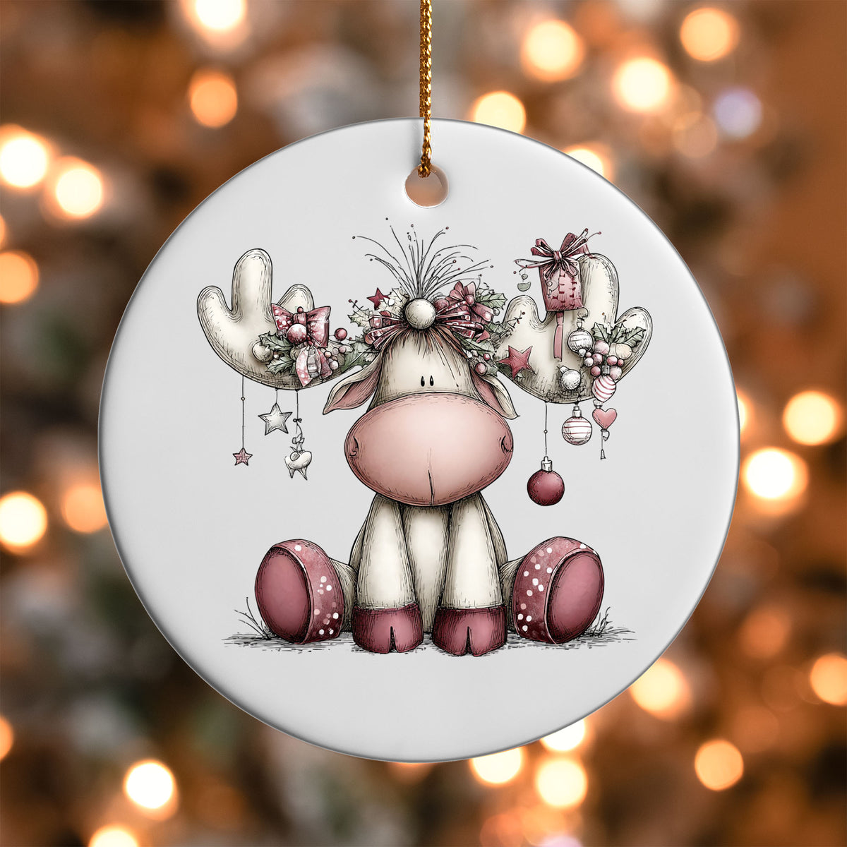 Pink Moose ornament UV DTF transfer on a round white ornament with a bokeh light background