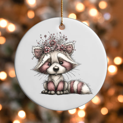 Pink Raccoon with Floral Crown ornament UV DTF transfer on a round white ornament with a bokeh light background