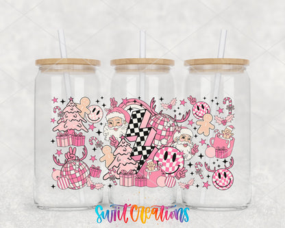 Pink Retro Christmas UV DTF wrap on three glass cans