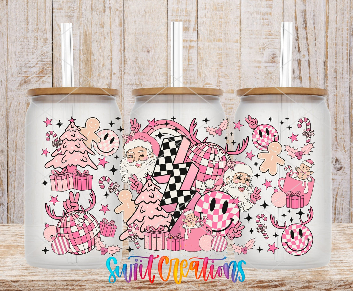 Pink Retro Christmas UV DTF wrap on three clear glass cans with bamboo lids
