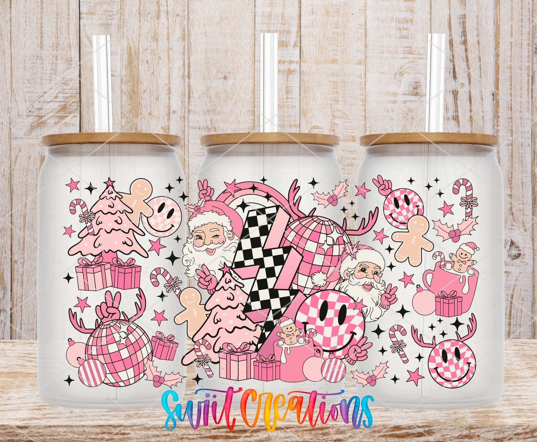 Pink Retro Christmas Santa Smiley Face Gingerbread UV DTF Wrap | DTF217 - Swiit Creations