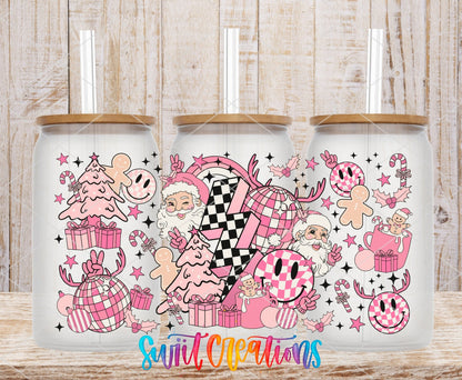 Pink Retro Christmas UV DTF wrap on three clear glass cans with bamboo lids