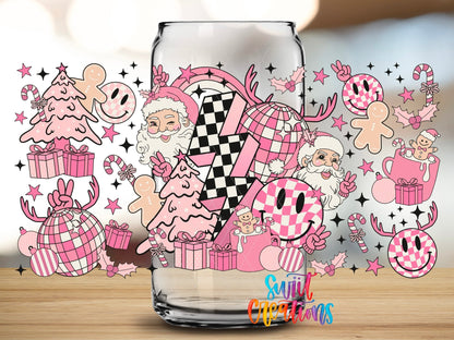Close-up of the Pink Retro Christmas UV DTF wrap on a clear glass can