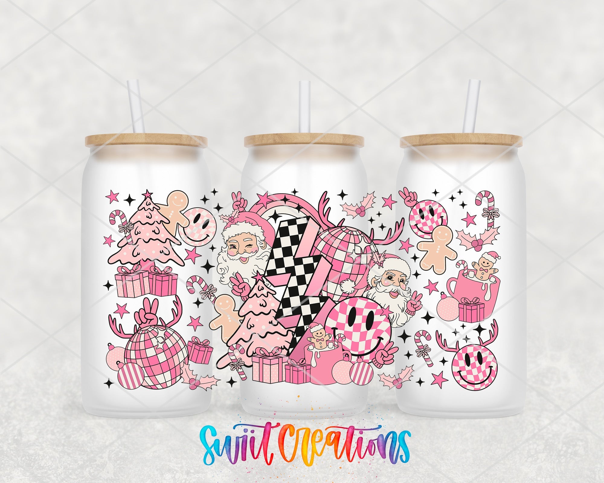 Pink Retro Christmas Santa Smiley Face Gingerbread UV DTF Wrap | DTF217 - Swiit Creations