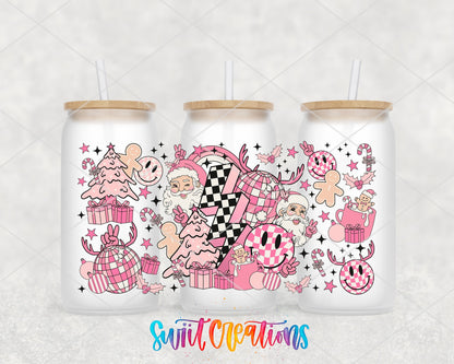 Pink Retro Christmas UV DTF wrap on three frosted glass cans