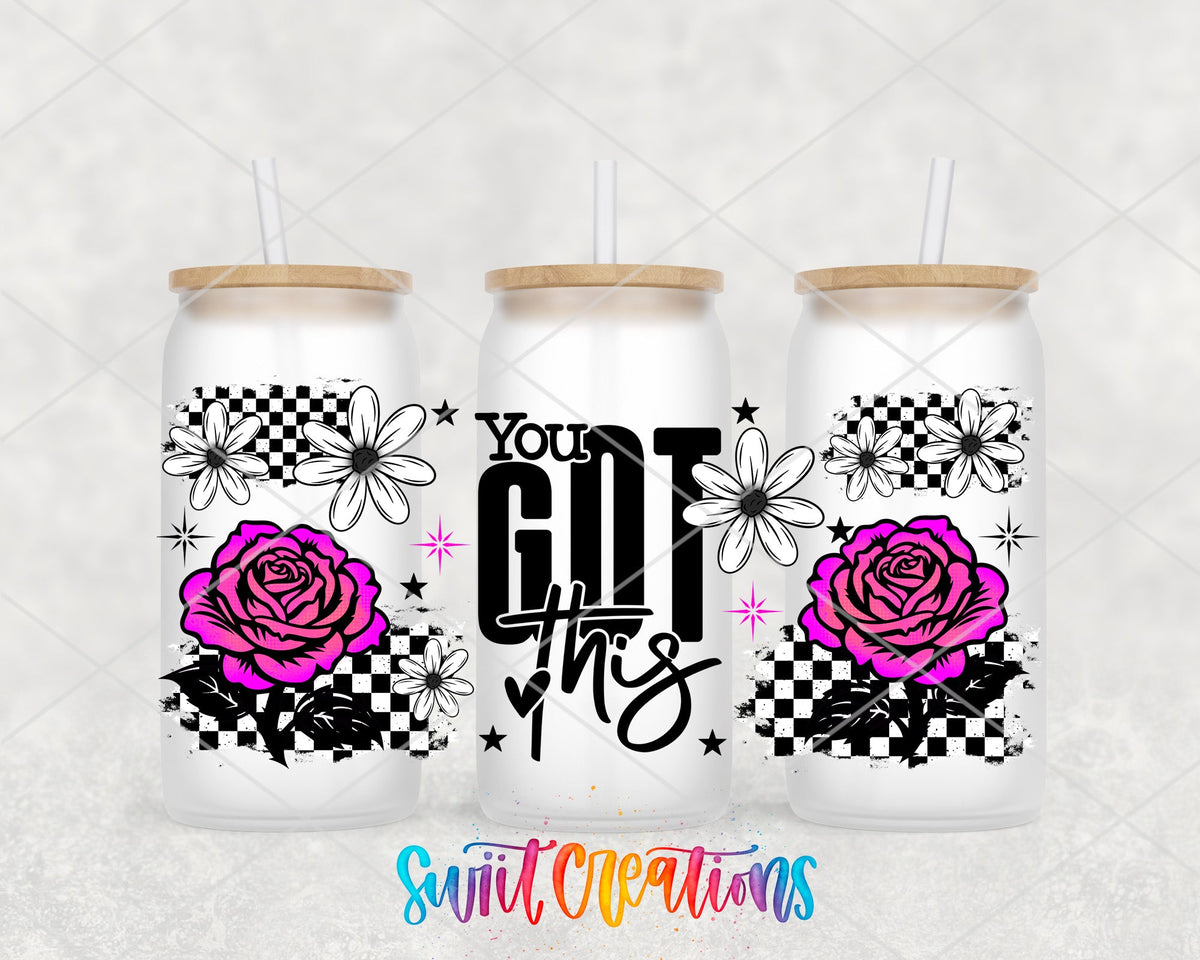You Got This UV DTF full wrap on three frosted glass cans