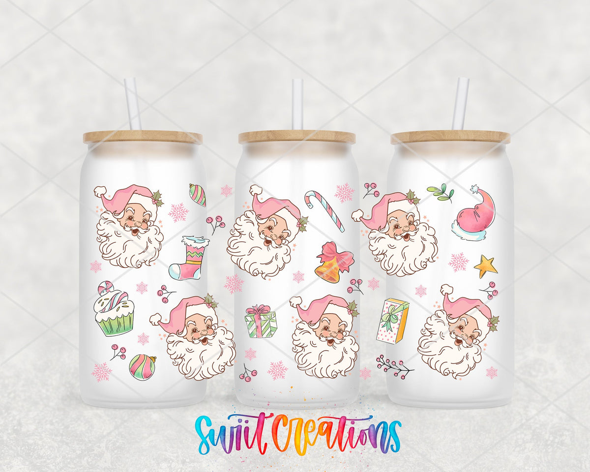 Pink Vintage Santa UV DTF full wrap on three frosted glass cans