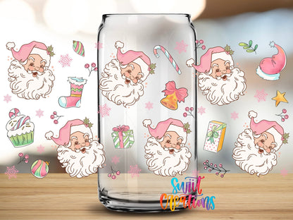 Close-up of the Pink Vintage Santa UV DTF full wrap on a clear glass can