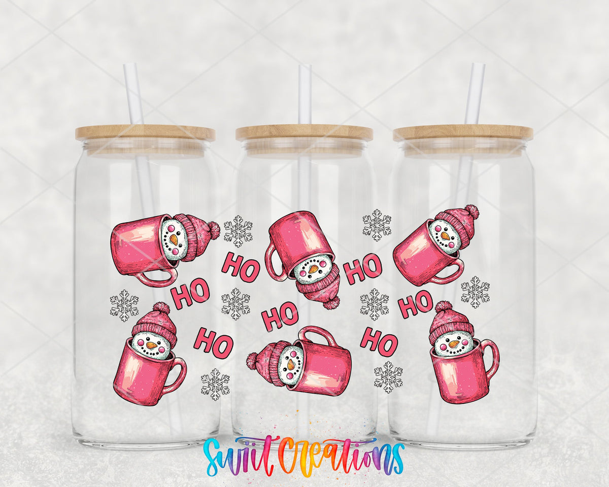 Ho Ho Pink Snowman Mugs UV DTF wrap on three glass cans
