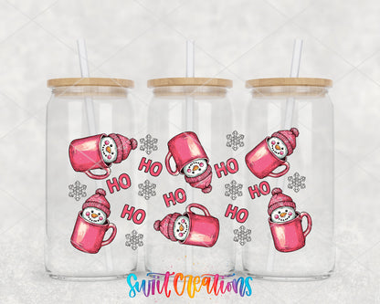 Ho Ho Pink Snowman Mugs UV DTF wrap on three glass cans