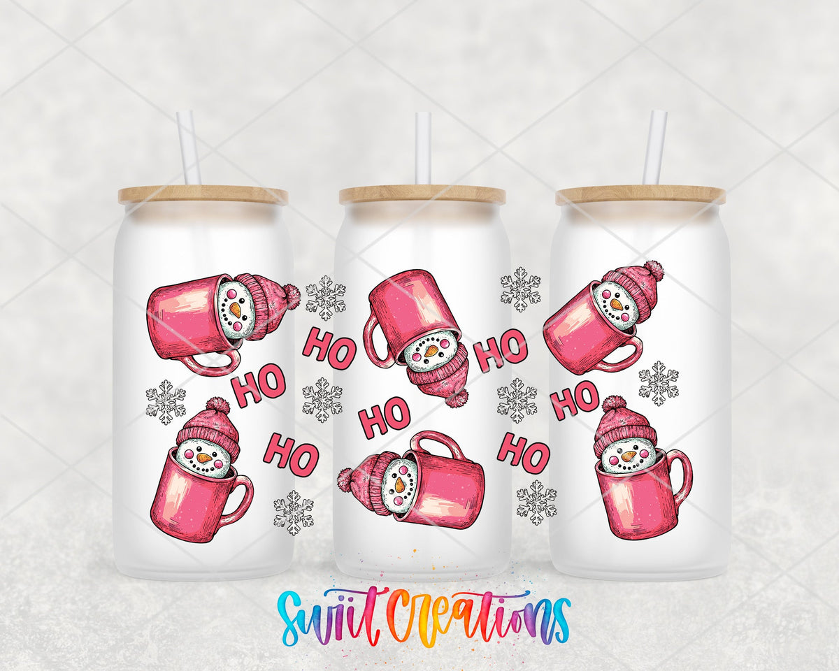 Ho Ho Pink Snowman Mugs UV DTF wrap on three frosted glass cans