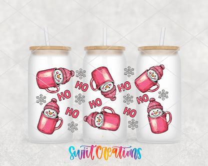Ho Ho Pink Snowman Mugs UV DTF wrap on three frosted glass cans