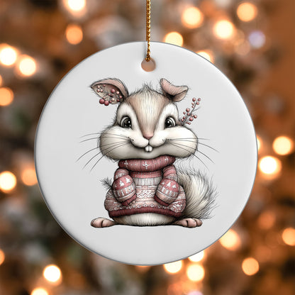 Pink Squirrel in Sweater ornament UV DTF transfer on a round white ornament with a bokeh light background