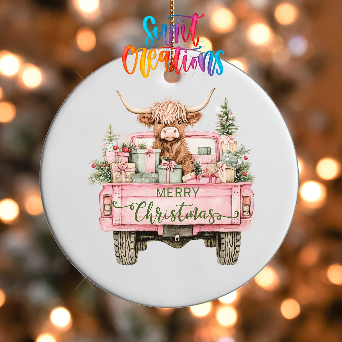 Pink Truck Highland Cow Christmas UV DTF Ornament Transfer | O-1602 - Swiit Creations