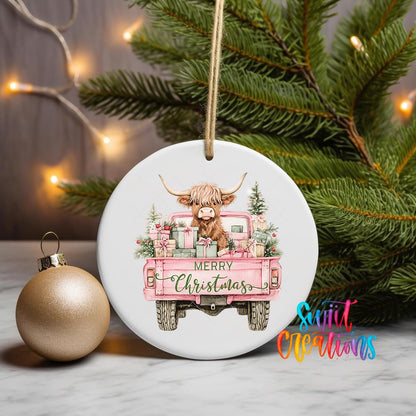 Pink Truck Highland Cow Christmas UV DTF Ornament Transfer | O-1602 - Swiit Creations