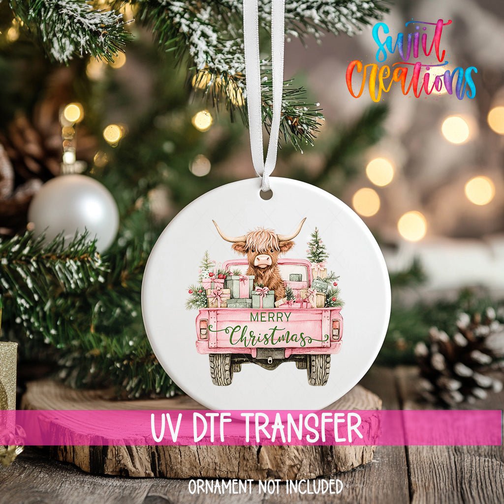 Pink Truck Highland Cow Christmas UV DTF Ornament Transfer | O-1602 - Swiit Creations