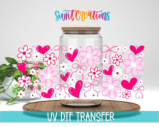 Pink Valentine Floral Hearts and Bows UV DTF Transfer Tumbler Wrap | DTF324 - Swiit Creations