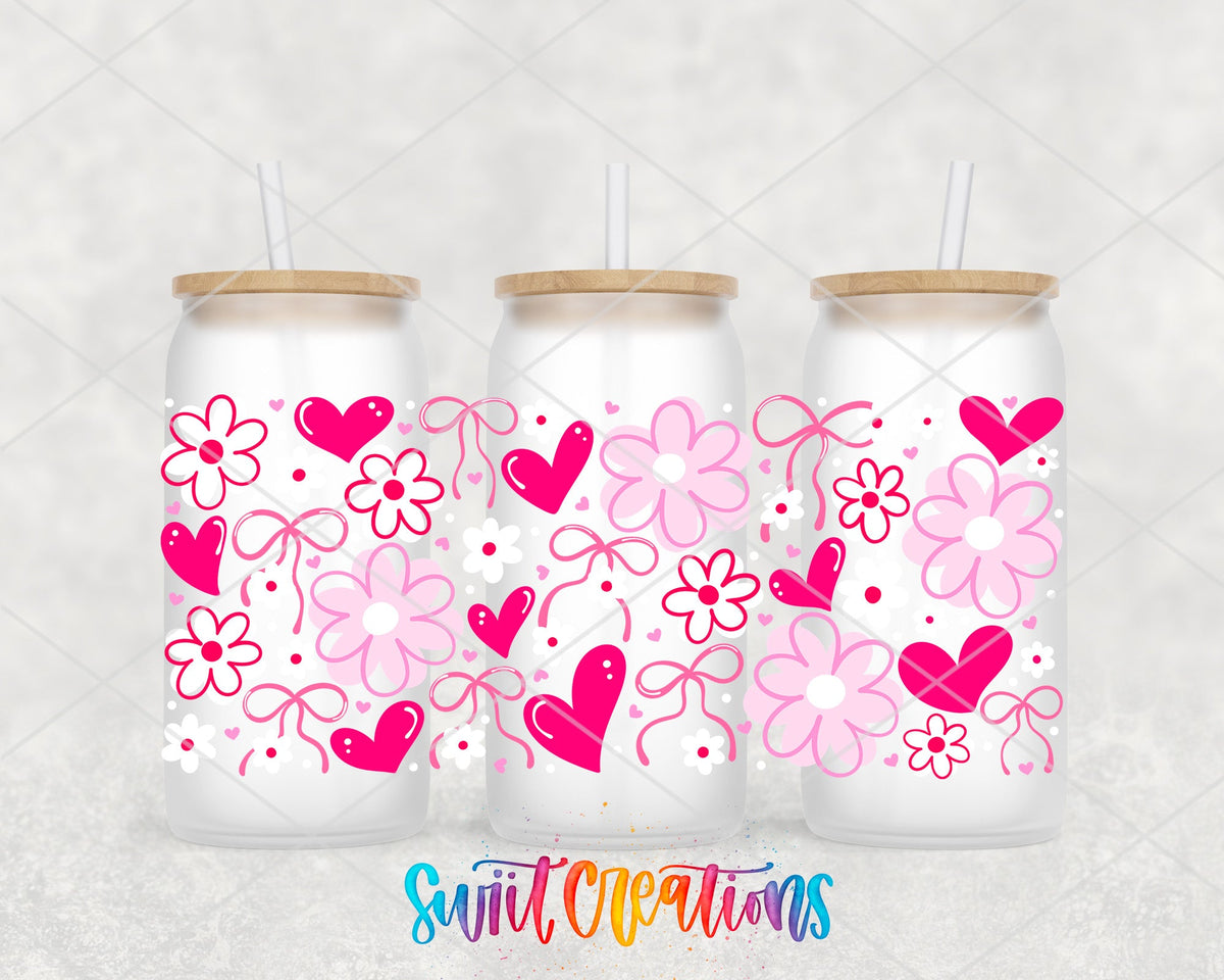 Pink Valentine Floral Hearts and Bows UV DTF full wrap on three frosted glass cans