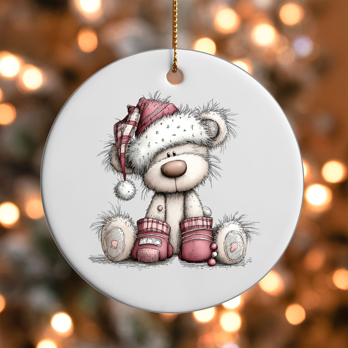 Pink Winter Bear ornament UV DTF transfer on a round white ornament with a bokeh light background