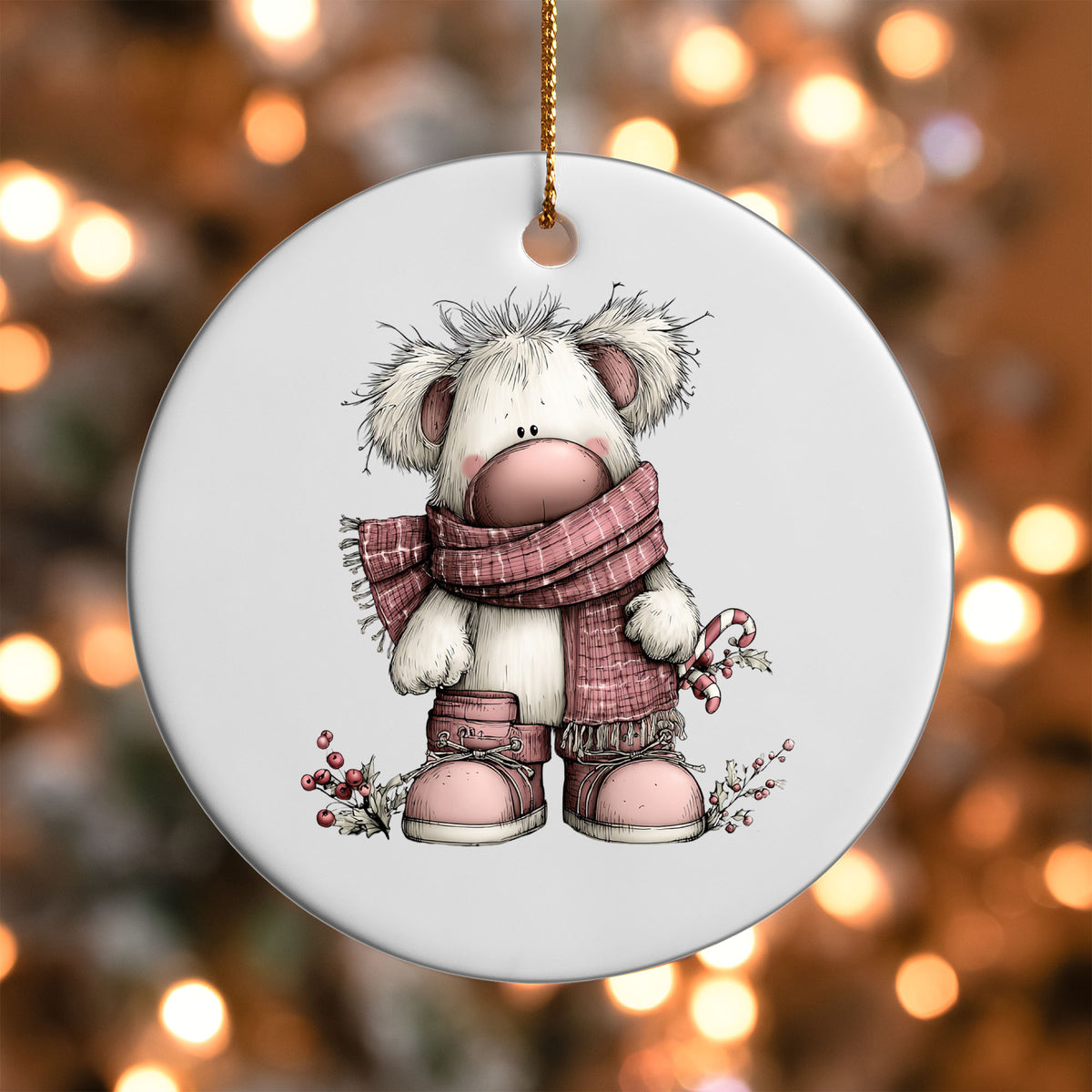 Pink Winter Bear ornament UV DTF transfer on a round white ornament with a bokeh light background