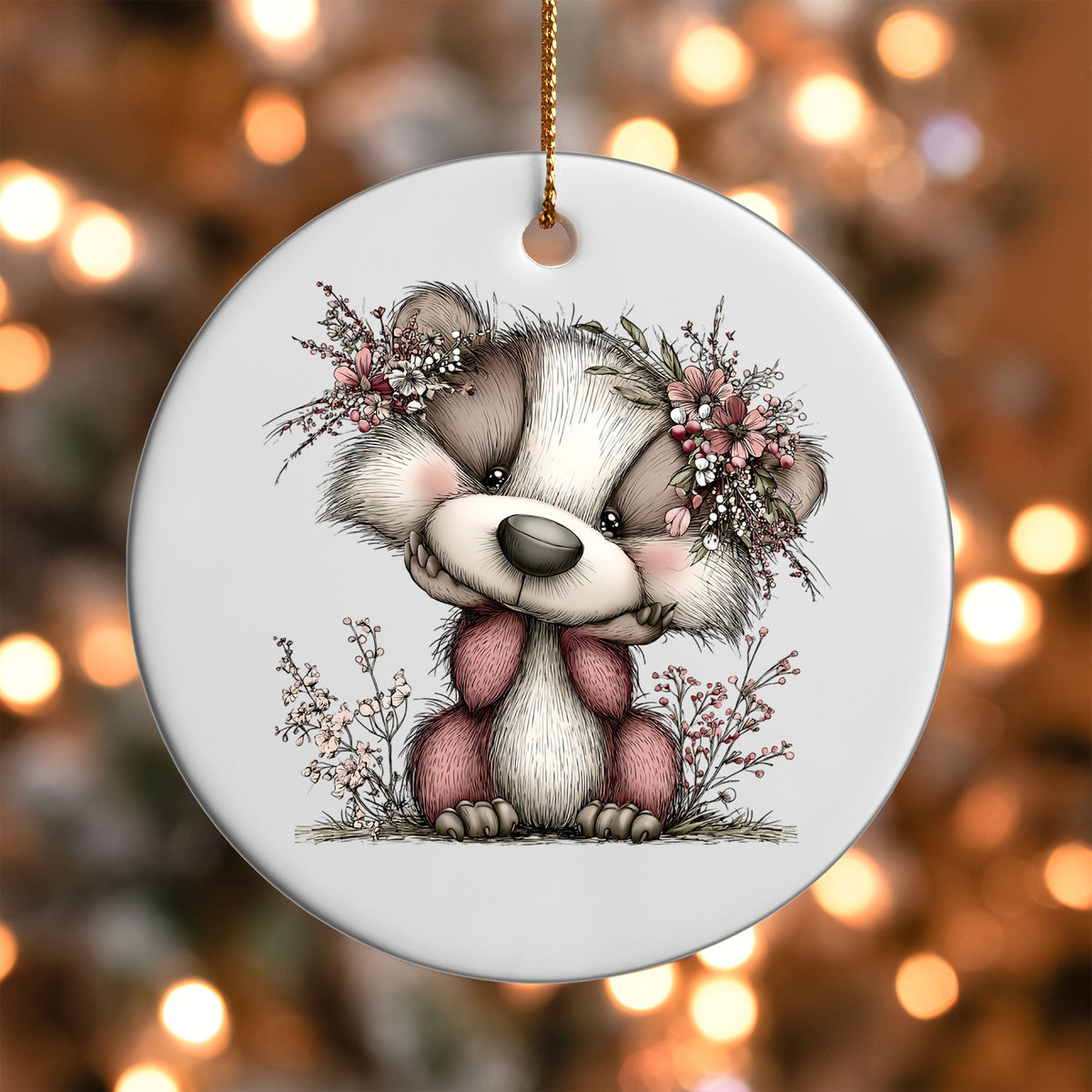 Pink Woodland Raccoon ornament UV DTF transfer on a round white ornament with a bokeh light background