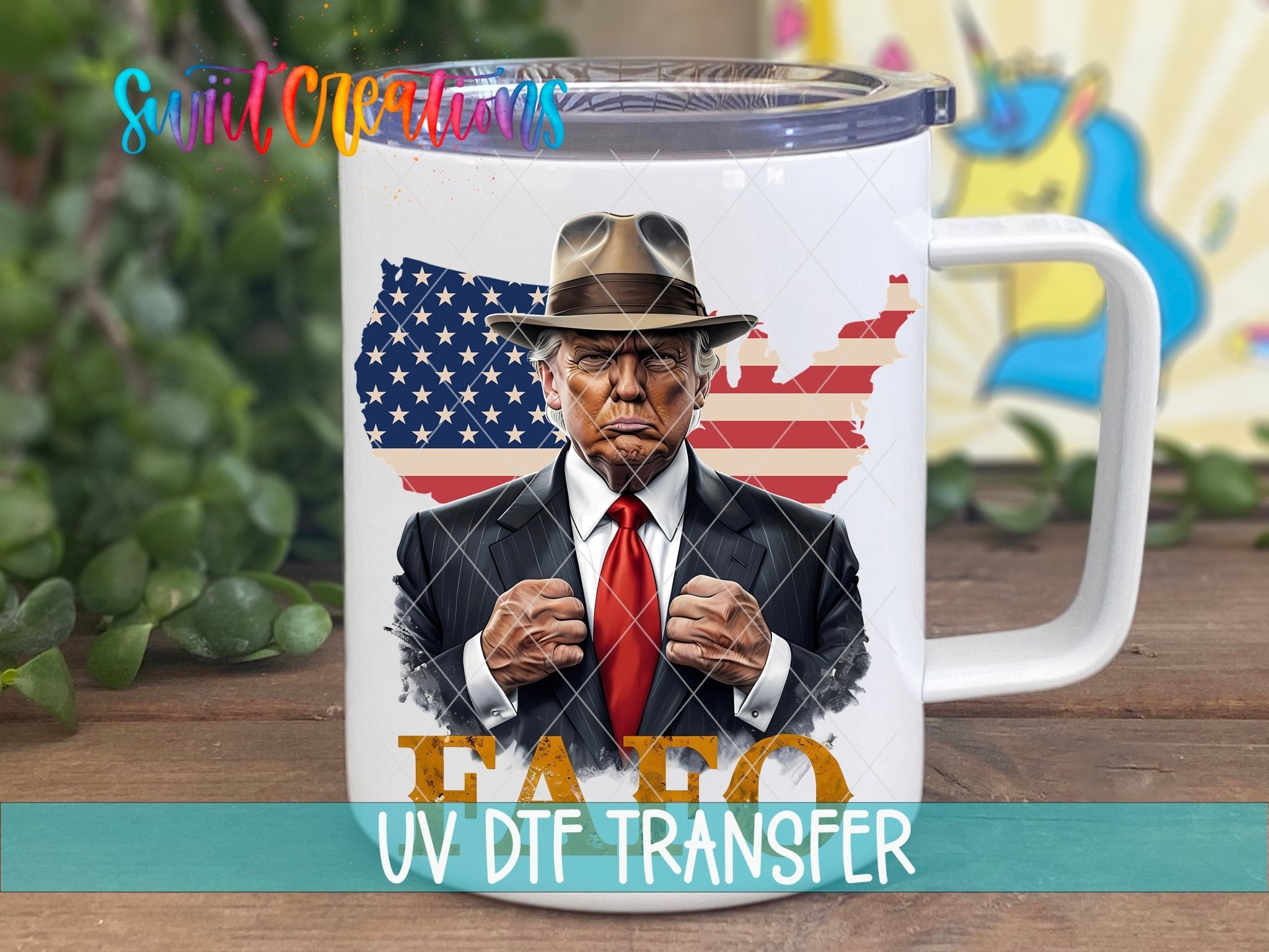 Swiit Creations UV DTF Political USA Trump transfer displayed on a white coffee mug