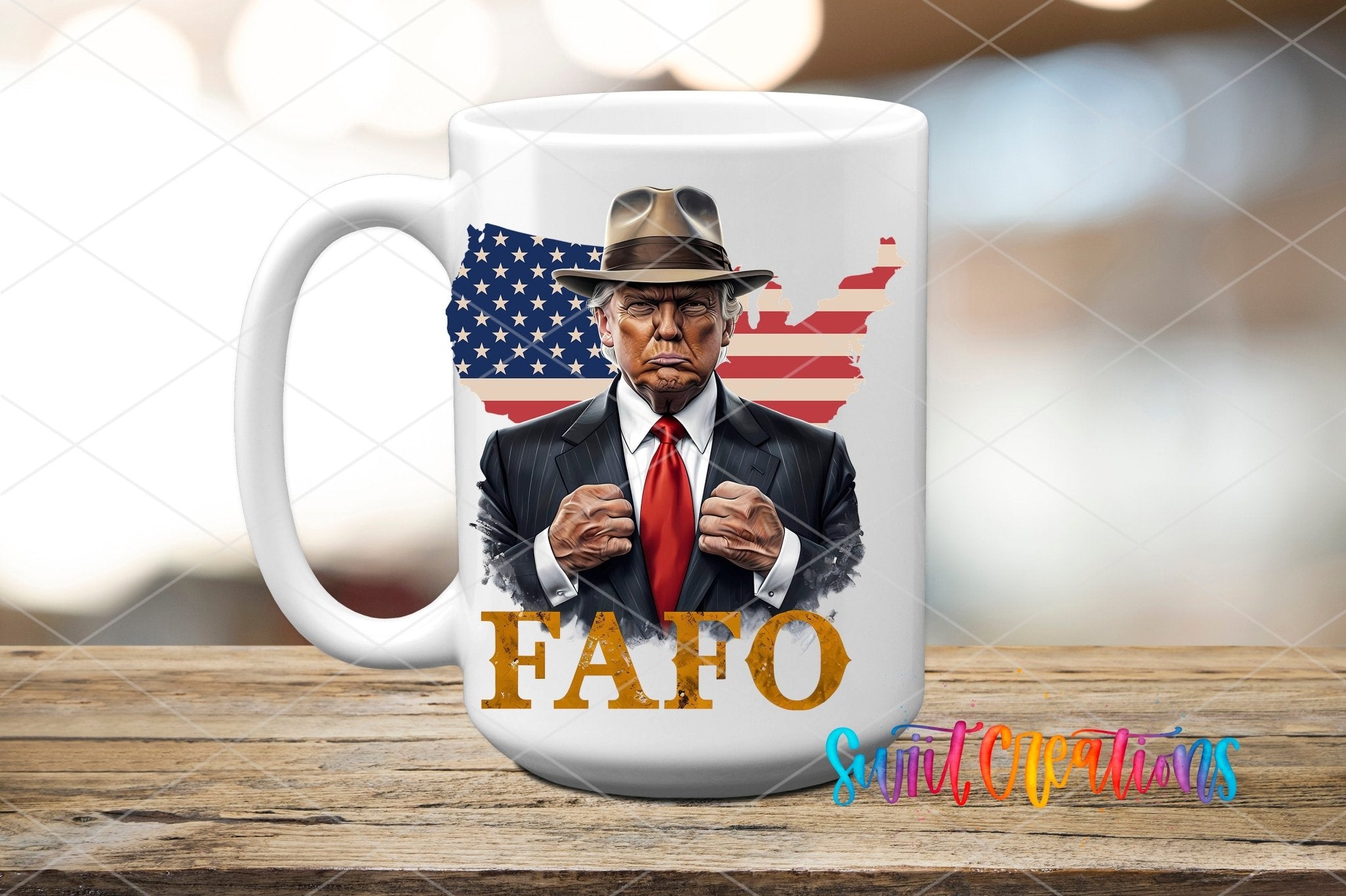 Swiit Creations UV DTF Political USA Trump transfer applied to a white ceramic mug