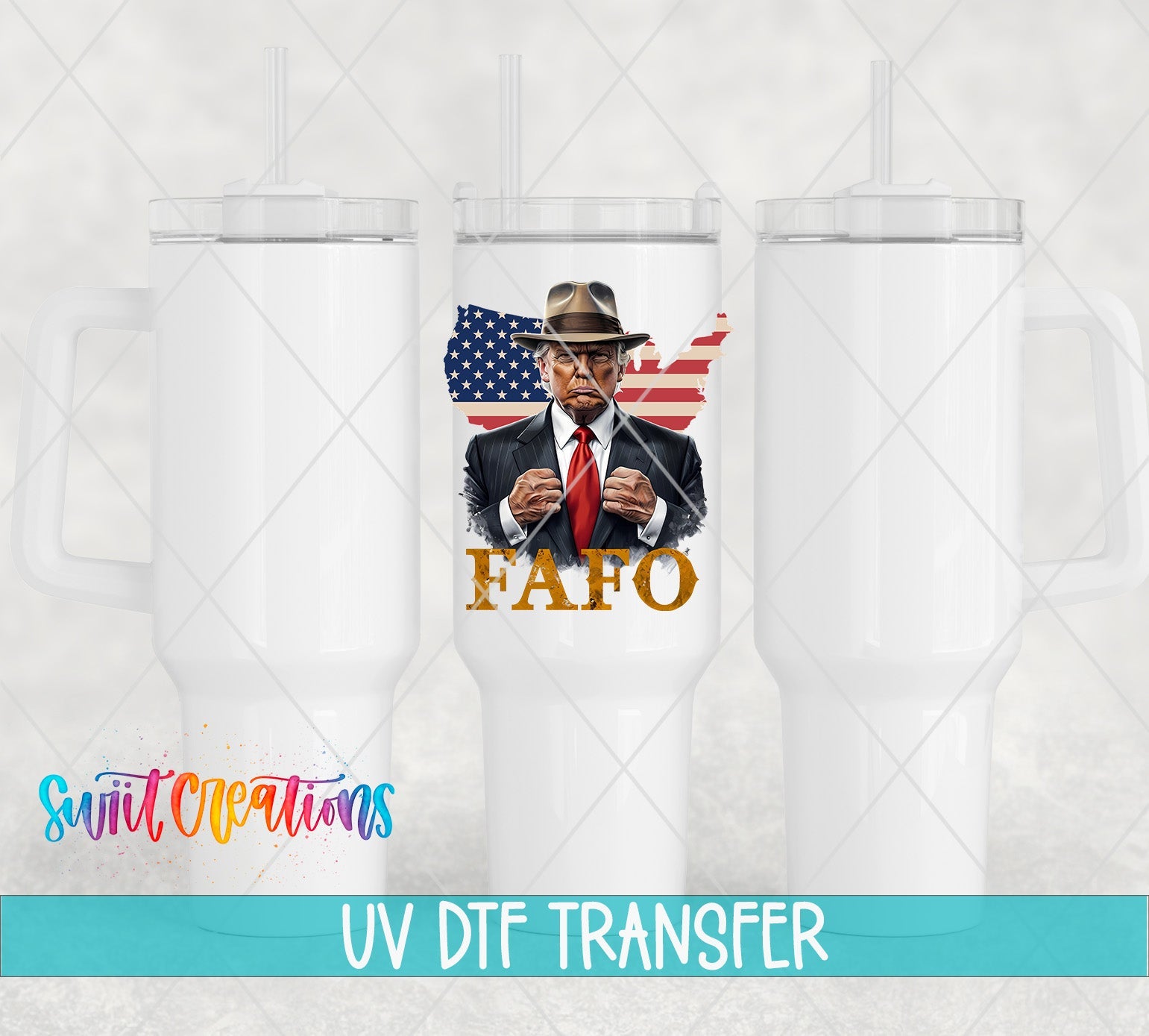Swiit Creations UV DTF Political USA Trump transfer shown on a white tumbler set