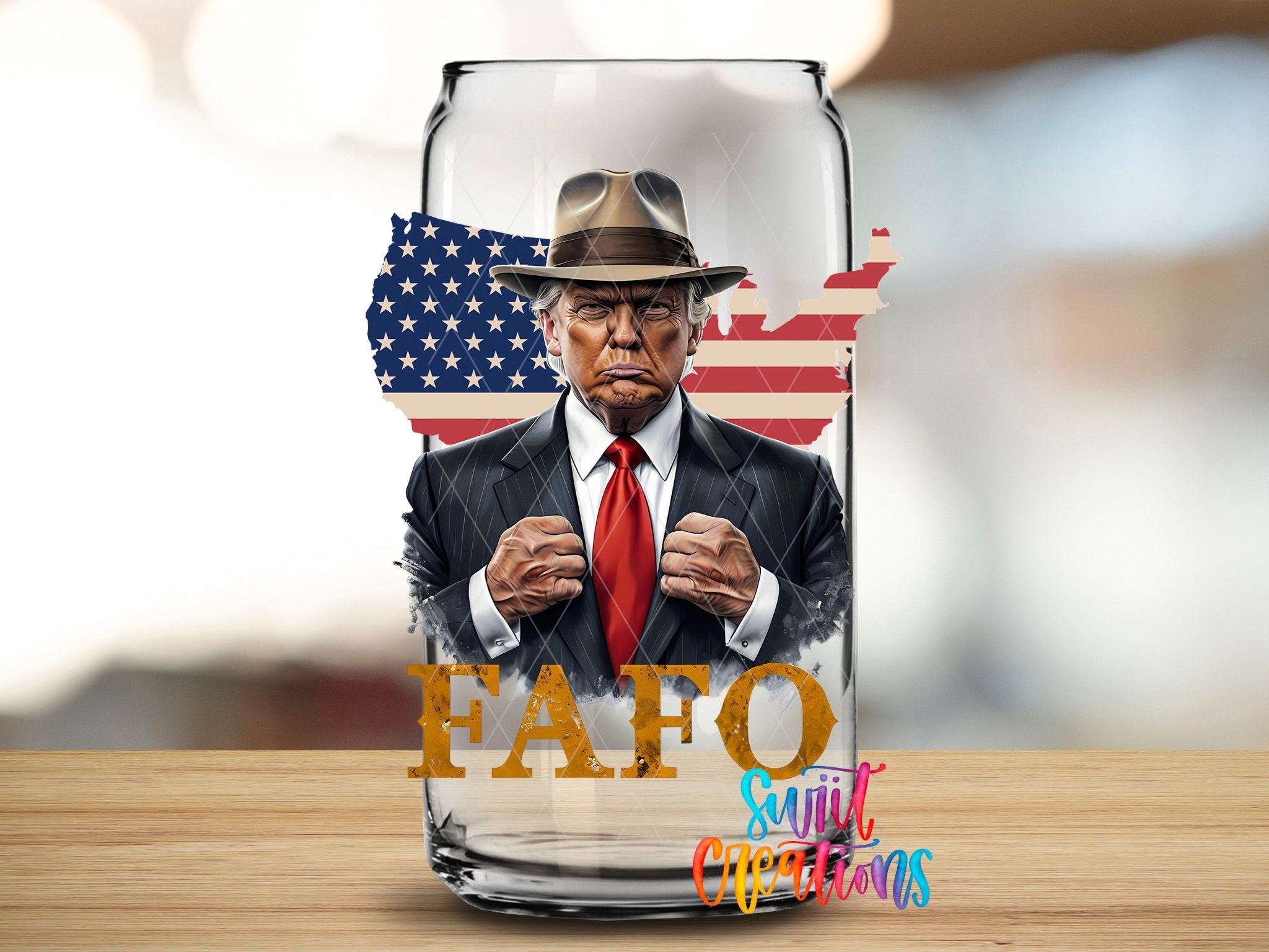 Swiit Creations UV DTF Political USA Trump transfer applied to a clear glass can