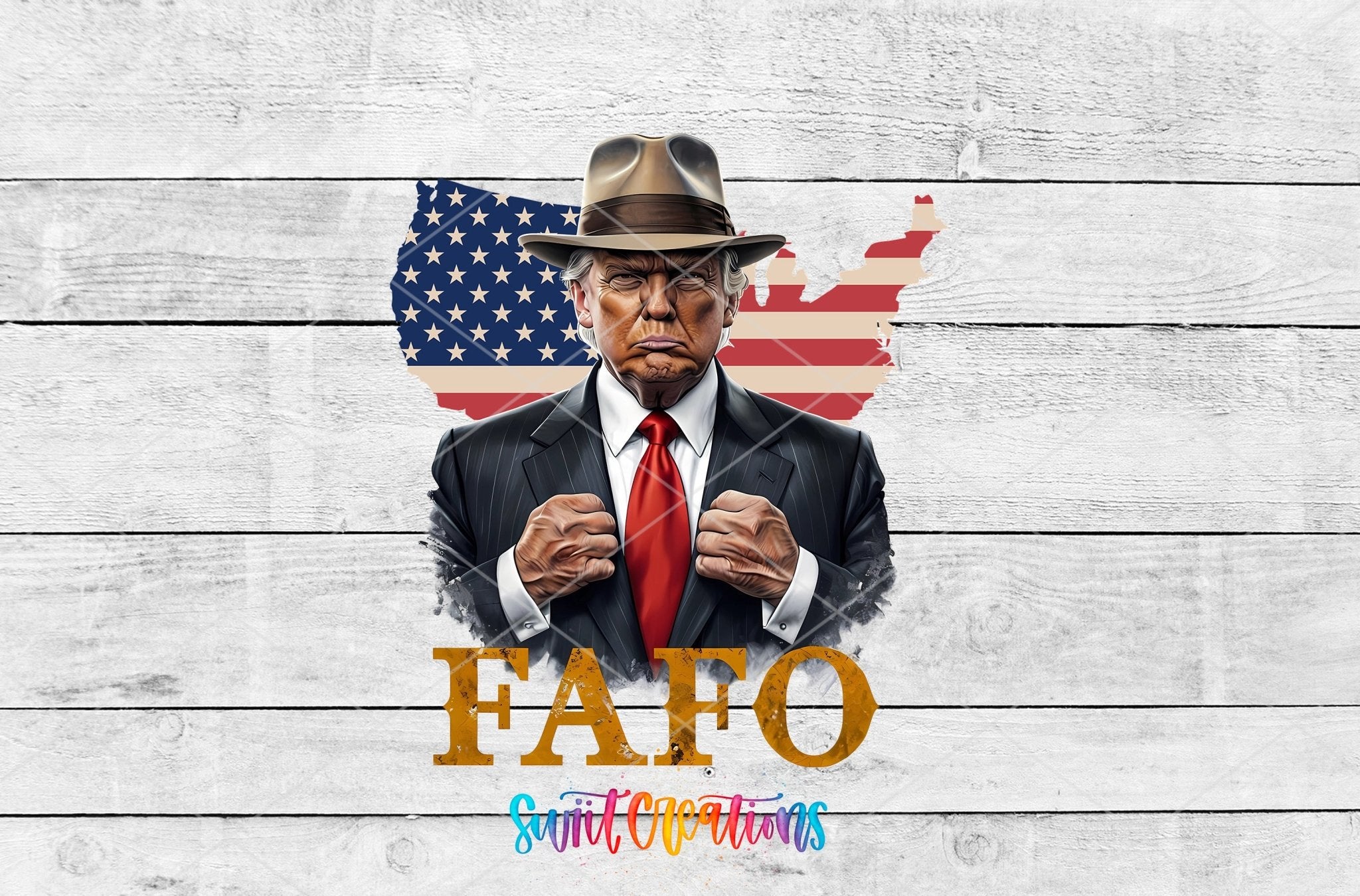 Swiit Creations UV DTF Political USA Trump transfer shown as the full artwork preview